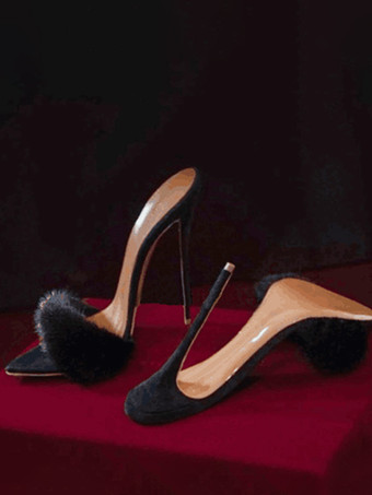 ブラックスエードのセクシーなミュール、フェイクファーのオープントゥハイヒールサンダルスライド