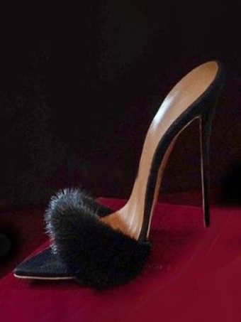 ブラックスエードのセクシーなミュール、フェイクファーのオープントゥハイヒールサンダルスライド