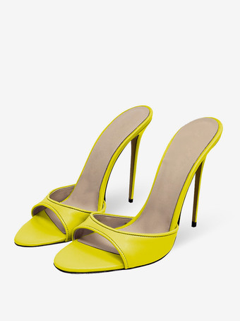 イエロー黒のセクシーなミュールハイヒールオープントゥスネーク柄スティレットヒールサンダルスライド