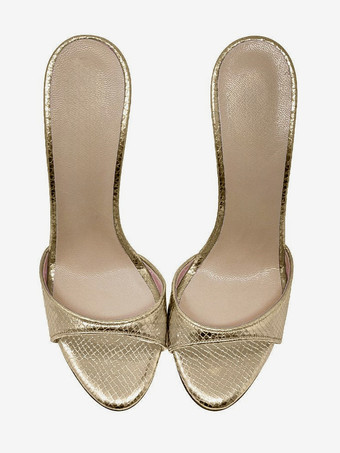 ゴールド 黒のセクシーなミュールハイヒールオープントゥスネーク柄スティレットヒールサンダルスライド