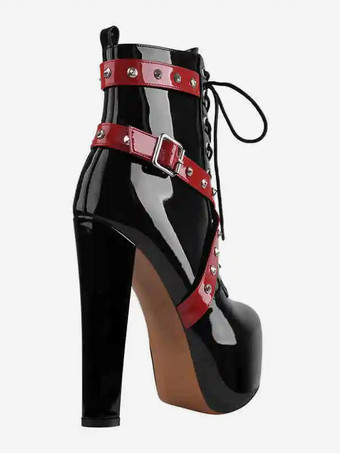 レディース ブラック リベット セクシー ブーティ プラットフォーム ラウンドトゥ チャンキーヒール アンクルブーツ