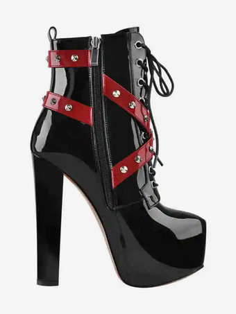 レディース ブラック リベット セクシー ブーティ プラットフォーム ラウンドトゥ チャンキーヒール アンクルブーツ