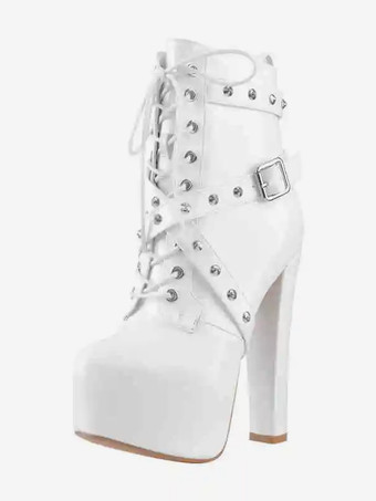 ホワイト レディース ブラック リベット セクシー ブーティ プラットフォーム ラウンドトゥ チャンキーヒール アンクルブーツ