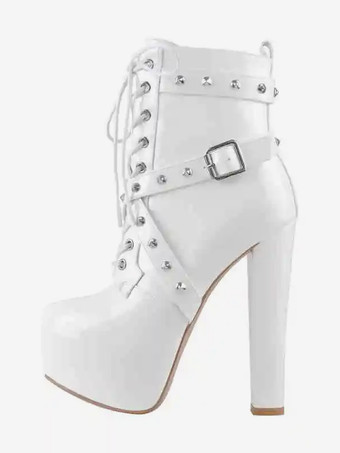 レディース ブラック リベット セクシー ブーティ プラットフォーム ラウンドトゥ チャンキーヒール アンクルブーツ