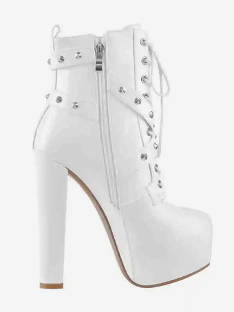 レディース ブラック リベット セクシー ブーティ プラットフォーム ラウンドトゥ チャンキーヒール アンクルブーツ