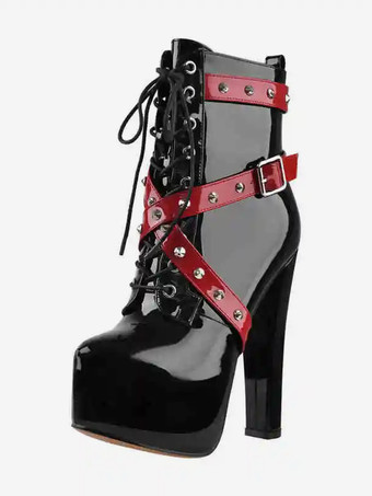ブラック レディース ブラック リベット セクシー ブーティ プラットフォーム ラウンドトゥ チャンキーヒール アンクルブーツ