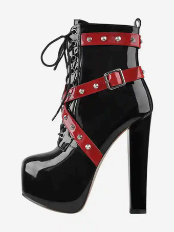 レディース ブラック リベット セクシー ブーティ プラットフォーム ラウンドトゥ チャンキーヒール アンクルブーツ