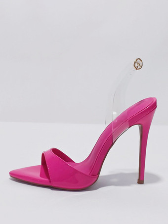 ローズレッドブルーハイヒールサンダル 透明オープントゥ スティレットヒール ドレスサンダル