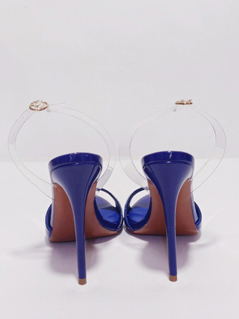 ブルーハイヒールサンダル 透明オープントゥ スティレットヒール ドレスサンダル