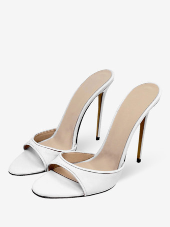 ホワイト 黒のセクシーなミュールハイヒールオープントゥスネーク柄スティレットヒールサンダルスライド