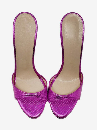 パープル 黒のセクシーなミュールハイヒールオープントゥスネーク柄スティレットヒールサンダルスライド