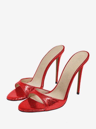 レッド 黒のセクシーなミュールハイヒールオープントゥスネーク柄スティレットヒールサンダルスライド