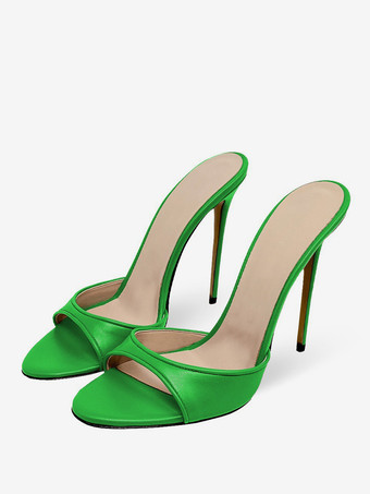 グリーン 黒のセクシーなミュールハイヒールオープントゥスネーク柄スティレットヒールサンダルスライド