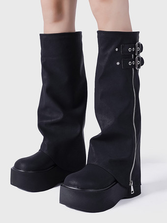 ブラック ポリエステル コーヒーブラウン ポインテッドトゥ フラット ミッドカーフブーツ レディース ブーツ