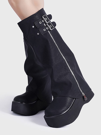 ポリエステル コーヒーブラウン ポインテッドトゥ フラット ミッドカーフブーツ レディース ブーツ