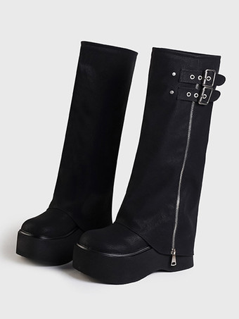 ポリエステル コーヒーブラウン ポインテッドトゥ フラット ミッドカーフブーツ レディース ブーツ