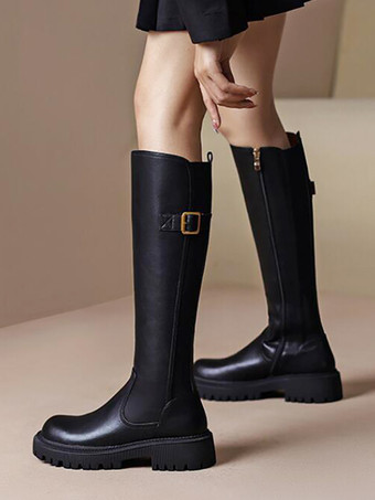 ミッドカーフブーツ レディース PUレザー オープントゥ チャンキーヒールブーツ