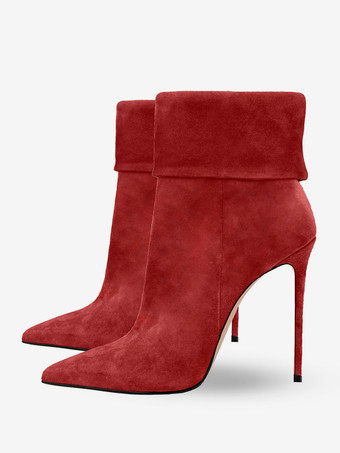 レッド レディース レッド ポインテッドトゥ ブーティ スティレットヒール アンクルブーツ