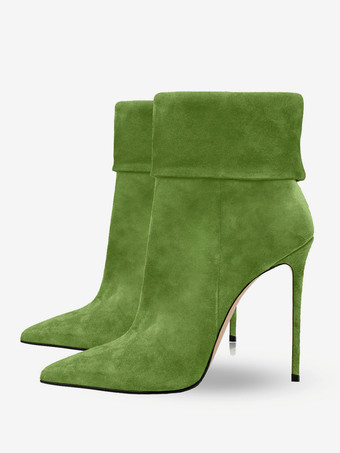 グラスグリーンレディース レッド ポインテッドトゥ ブーティ スティレットヒール アンクルブーツ