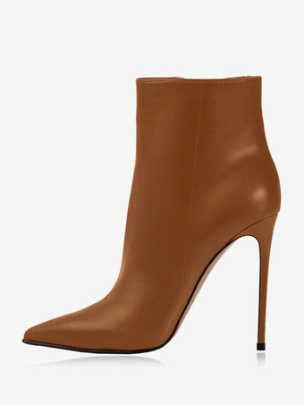 ブラウン レディース アンクルブーツ ブラック PU レザー ブーティ ポインテッドトゥ スティレットヒール