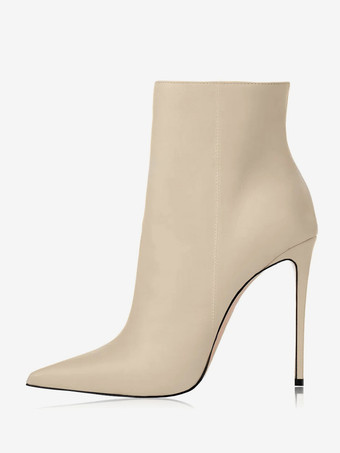 アイボリー レディース アンクルブーツ ブラック PU レザー ブーティ ポインテッドトゥ スティレットヒール