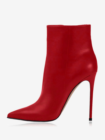 レッド レディース アンクルブーツ ブラック PU レザー ブーティ ポインテッドトゥ スティレットヒール