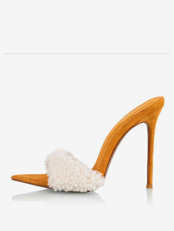 GelbDamen Slide Sandalen Faux Shearing Offene Zehen Stiletto Absatz Pantoletten