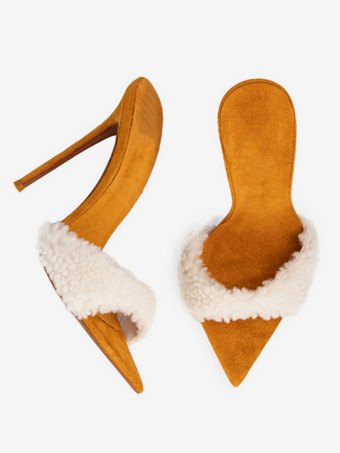 Damen Slide Sandalen Faux Shearing Offene Zehen Stiletto Absatz Pantoletten