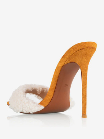 Damen Slide Sandalen Faux Shearing Offene Zehen Stiletto Absatz Pantoletten