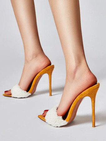 Damen Slide Sandalen Faux Shearing Offene Zehen Stiletto Absatz Pantoletten