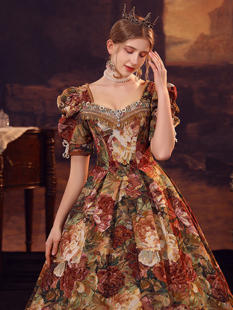 コーヒーブラウン レトロコスチューム レディース ポリエステルドレス マリーアントワネットコスチューム ユーロスタイル 18世紀コスチューム