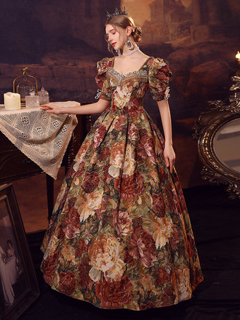 コーヒーブラウン レトロコスチューム レディース ポリエステルドレス マリーアントワネットコスチューム ユーロスタイル 18世紀コスチューム