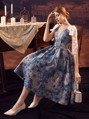 ブルー レトロ コスチューム レディース レース リボン ポリエステル ドレス ルネッサンス マリー アントワネット コスチューム 18 世紀 コスチューム