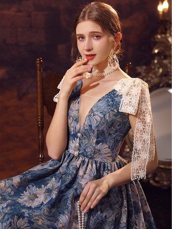 ブルー ブルー レトロ コスチューム レディース レース リボン ポリエステル ドレス ルネッサンス マリー アントワネット コスチューム 18 世紀 コスチューム