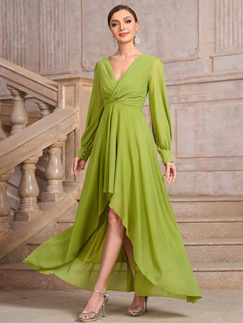 グリーン パーティードレス レッド Vネック プリーツ 長袖 ハイローデザイン セミフォーマルドレス
