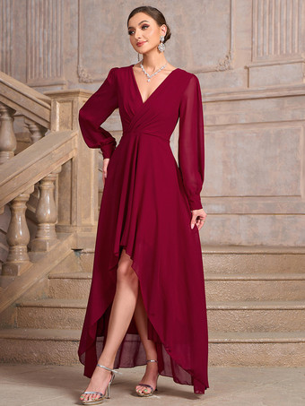 パーティードレス レッド Vネック プリーツ 長袖 ハイローデザイン セミフォーマルドレス