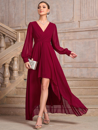 パーティードレス レッド Vネック プリーツ 長袖 ハイローデザイン セミフォーマルドレス