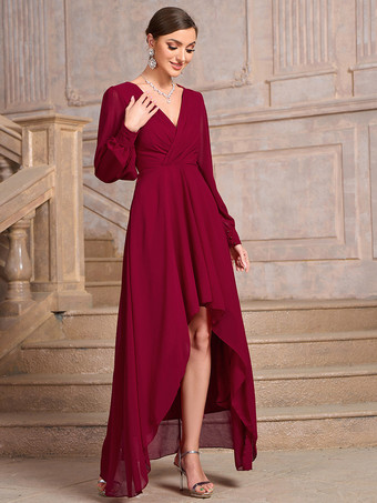 パーティードレス レッド Vネック プリーツ 長袖 ハイローデザイン セミフォーマルドレス