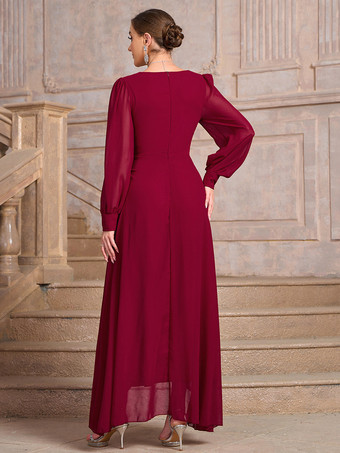 パーティードレス レッド Vネック プリーツ 長袖 ハイローデザイン セミフォーマルドレス