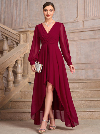 レッド パーティードレス レッド Vネック プリーツ 長袖 ハイローデザイン セミフォーマルドレス