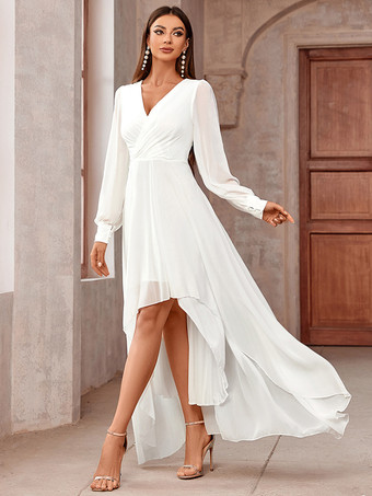 パーティードレス レッド Vネック プリーツ 長袖 ハイローデザイン セミフォーマルドレス