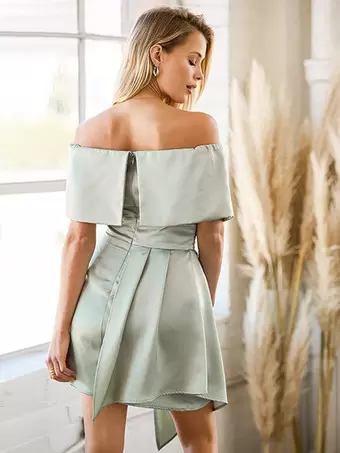 Party Dresses Pastel Green Bateau Neck Pleated Short Sleeves Irregular Semi Formal Dress Milanoo