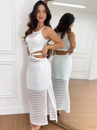 ホワイト レディース ニットドレス チャーミング ジュエルネック ノースリーブ アクリル