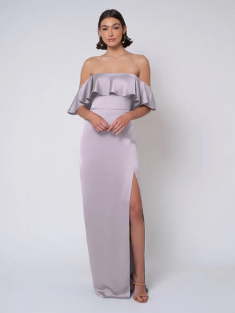 ライラック ブライズメイドドレス サテン生地 ボールガウン フロアレングス ウェディング パーティードレス