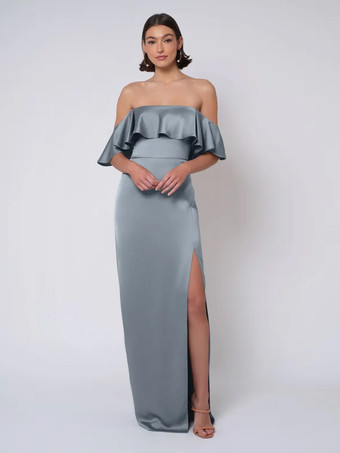 オーシャンブルーブライズメイドドレス サテン生地 ボールガウン フロアレングス ウェディング パーティードレス