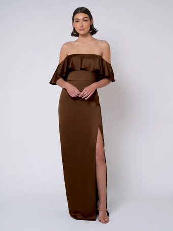 ブラウンブライズメイドドレス サテン生地 ボールガウン フロアレングス ウェディング パーティードレス