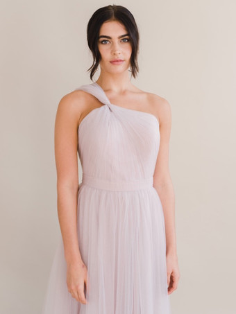 イブニングドレス Aライン ワンショルダー トレーン付き ノースリーブ バックレス プリーツ チュール 社交パーティードレス