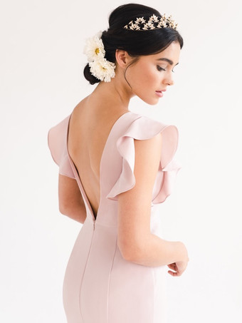 イブニングドレス マーメイド ジュエルネック トレーン付き 半袖 バックレス フリル サテン生地 フォーマル ディナードレス