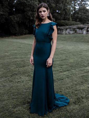 ティールイブニングドレス マーメイド ジュエルネック トレーン付き 半袖 バックレス フリル サテン生地 フォーマル ディナードレス