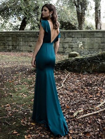 イブニングドレス マーメイド ジュエルネック トレーン付き 半袖 バックレス フリル サテン生地 フォーマル ディナードレス